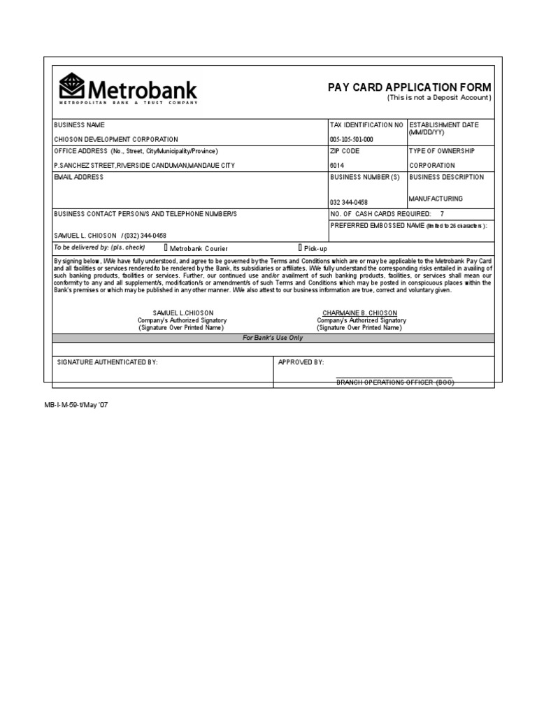 Pay Card Application Form Pdf Banks Financial Services
