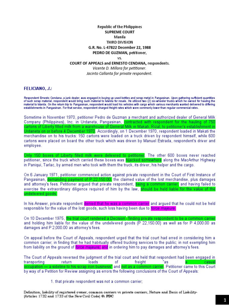 A. Common Carrier in General (Cases) PDF Common Carrier Legal