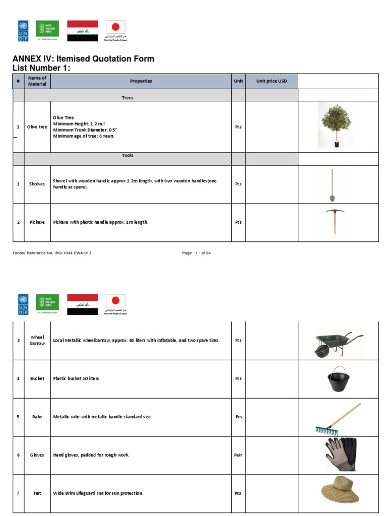 ANNEX IV: Itemised Quotation Form List Number 1:: # Name of Material ...