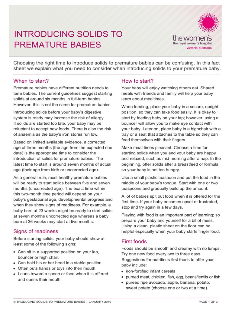 Introducing Solids To Premature Babies When To Start? How To Start? PDF Foods Preterm Birth
