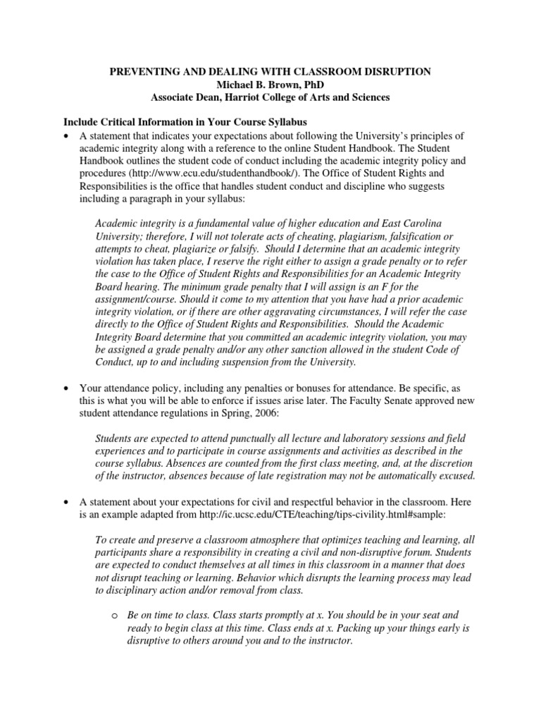 Classroom Disruption PDF Learning Academic Integrity