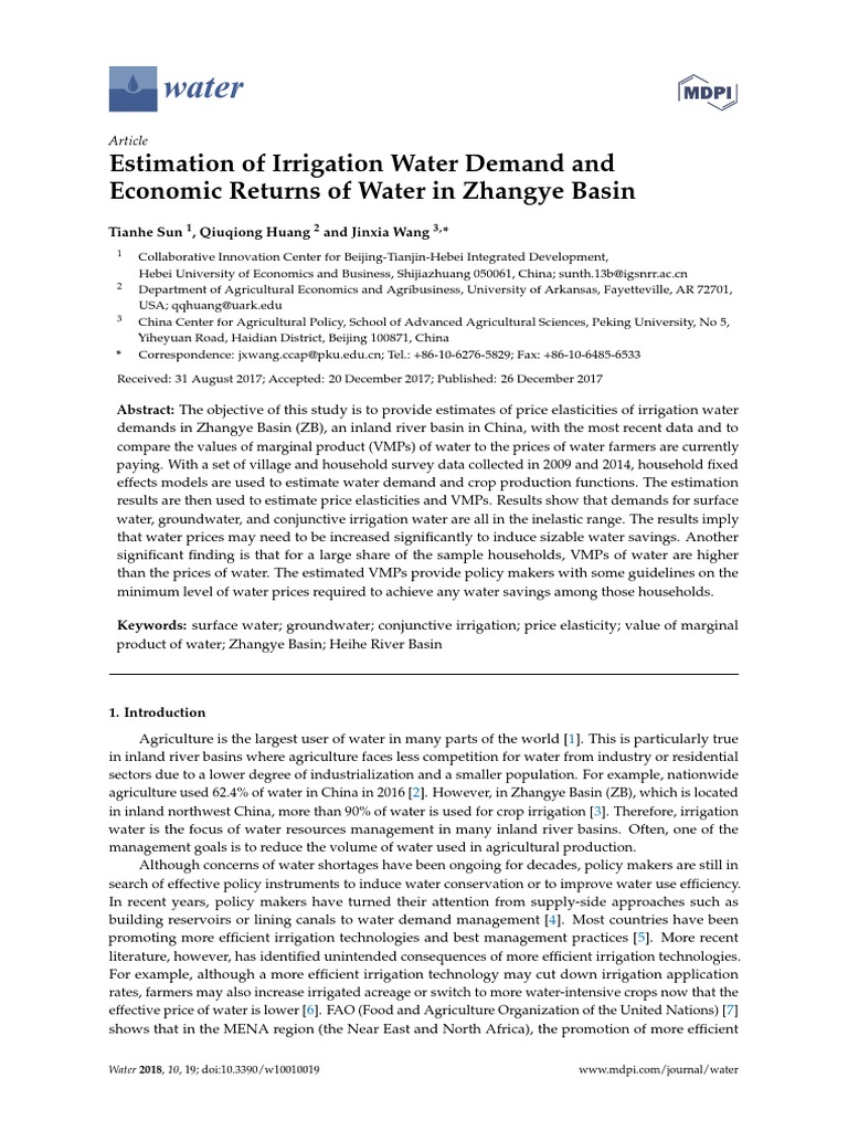 Water Estimation of Irrigation Water Demand and Economic Returns of