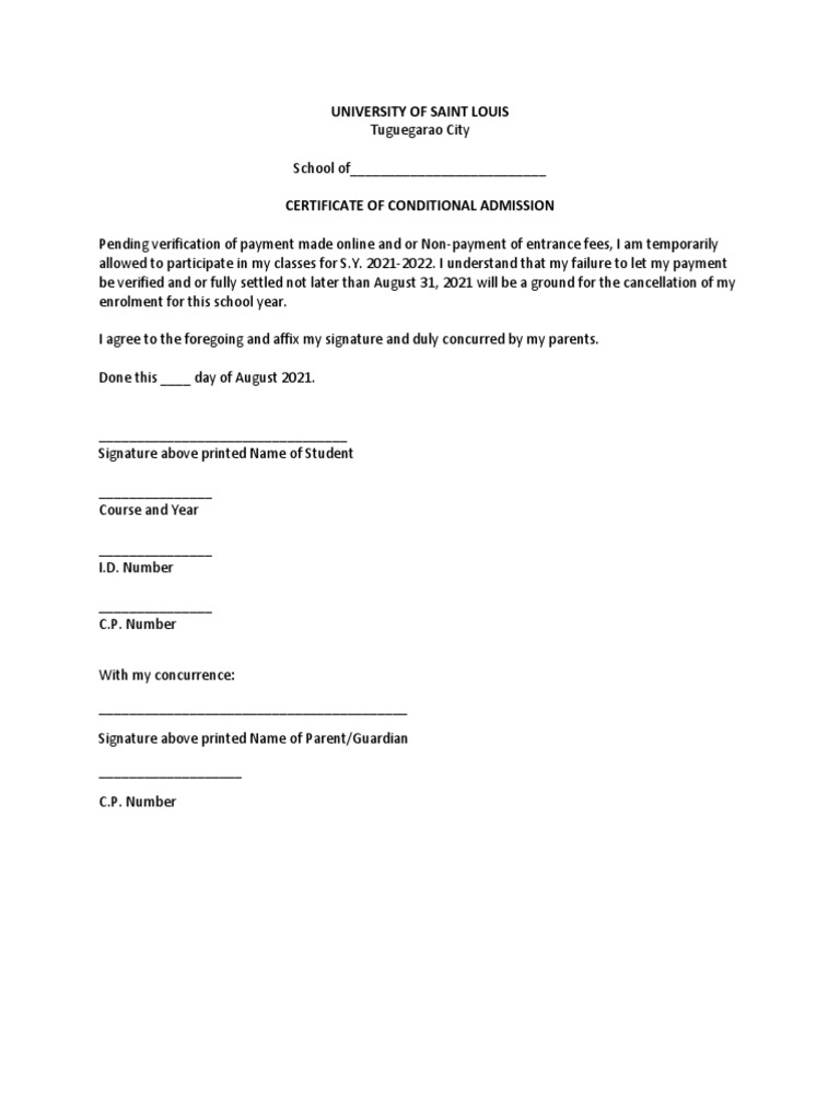 Conditional Admission Certificate Template | PDF | Finance & Money ...