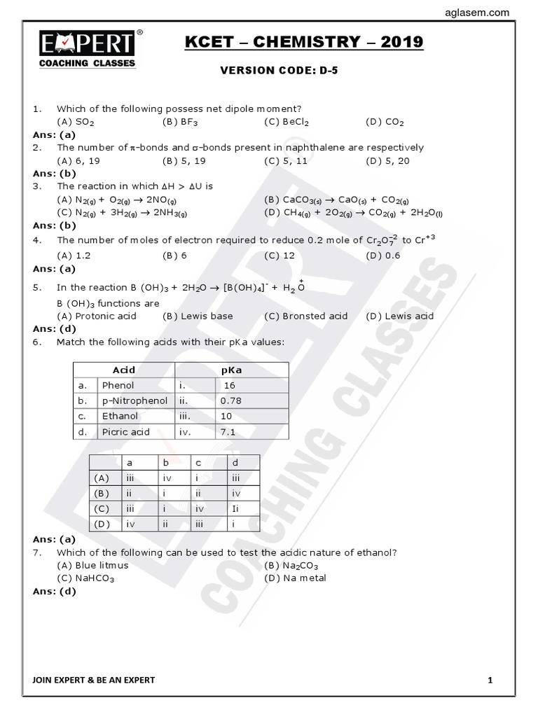 Kcet 2019 Question Paper Chemistry Pdf Catalysis Chlorine