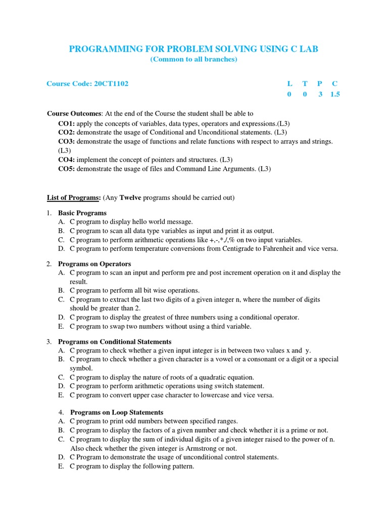 Programming For Problem Solving Using C Lab (20-21) | PDF | C ...