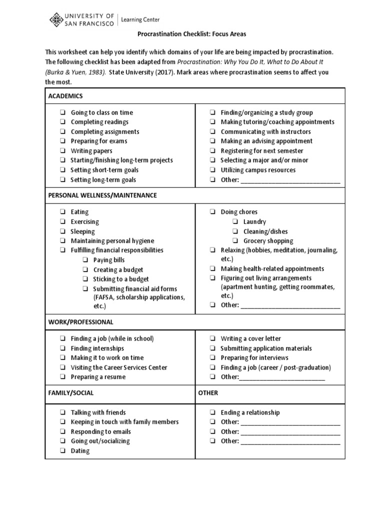 Procrastination Impact Checklist | PDF | Procrastination | Professional ...