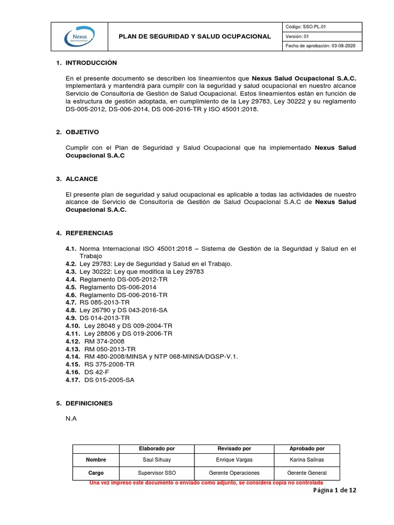 SSO - PL.01 - Plan de Seguridad y Salud Ocupacional - V01 | PDF ...