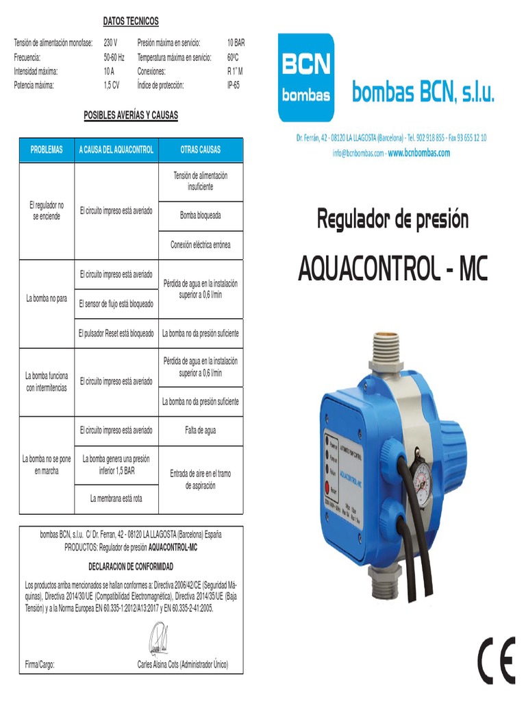 Regulador De Presión Aquacontrol-mc Para Electrobombas - 230V, IP65, Con Manómetro Y Válvula De Retención - Ideal Para Sistemas De Agua