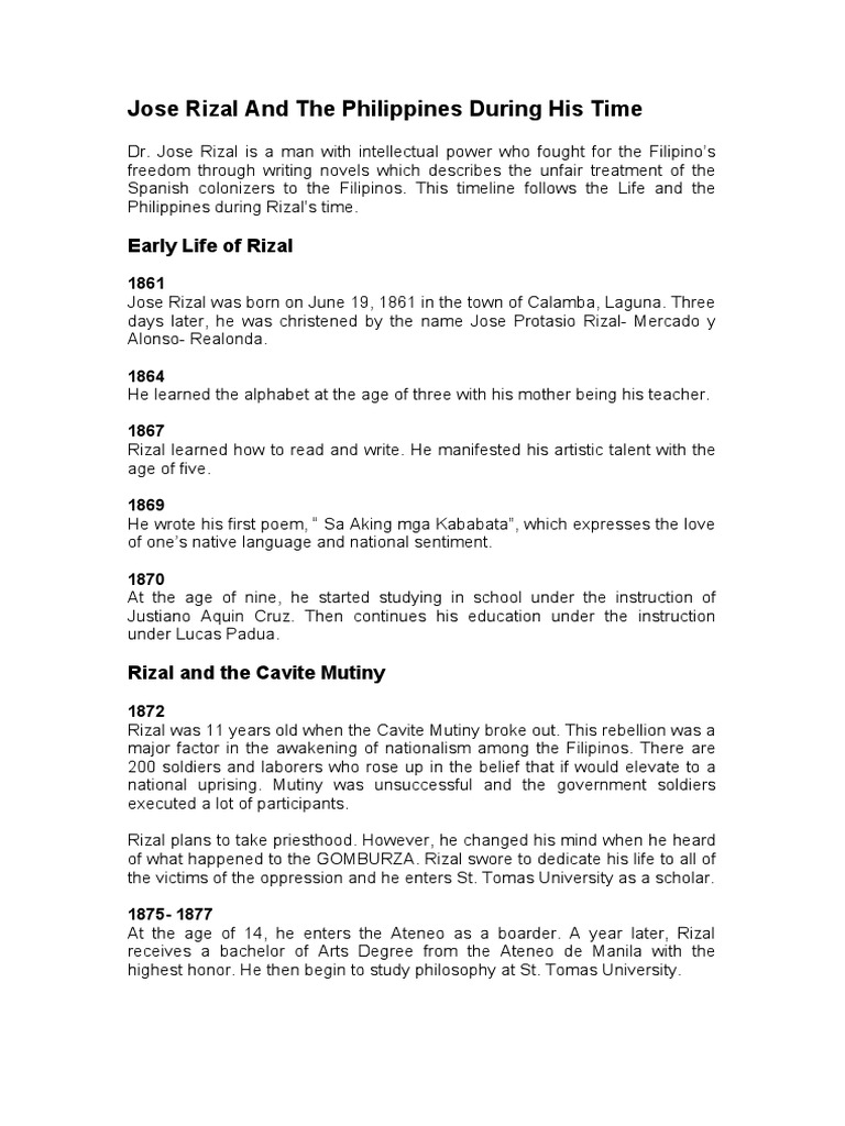 Jose Rizal and The Phillipines During His Time Timeline PDF