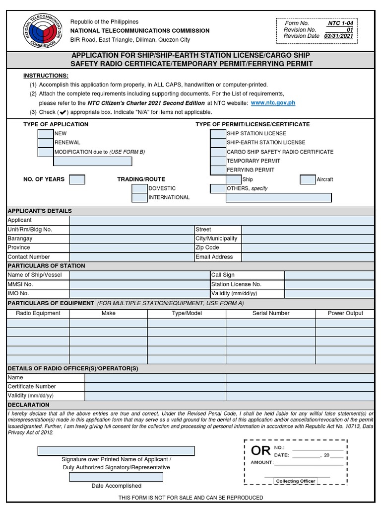 NTC Ship Station License Application Form | PDF | License