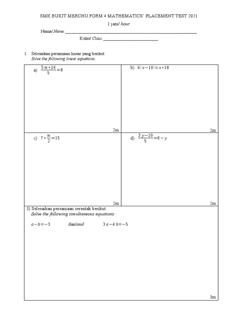Form 4 Math Placement Test 2021 PDF Equations Elementary Mathematics