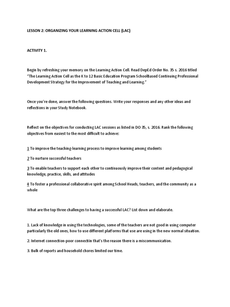Lesson 2: Organizing Your Learning Action Cell (Lac) | PDF | Learning ...