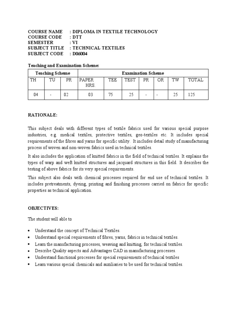 Technical Textile Syllabus PDF Textiles Weaving