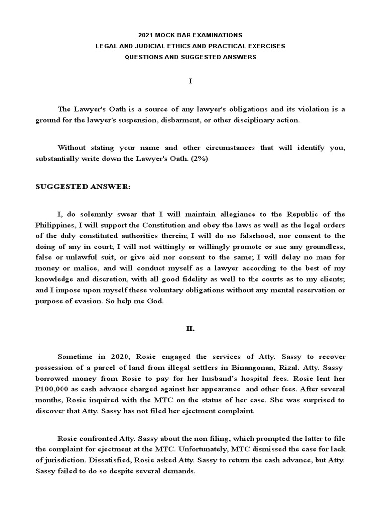 2021 Mock Bar Examinations Legal and Judicial Ethics and Practical