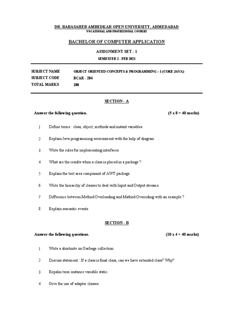 Bachelor of Computer Application BCAR 204 100 Total Marks Subject