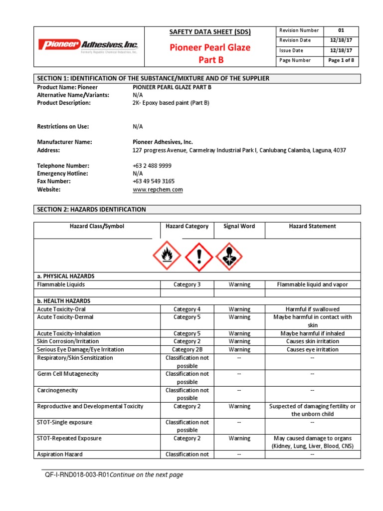 Safety Data Sheet for Pioneer Pearl Glaze Part B A MultiHazard Epoxy