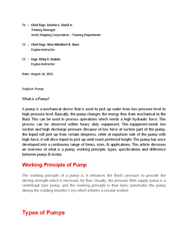Types of Pumps Working Principle of Pump PDF Pump Fluid Mechanics