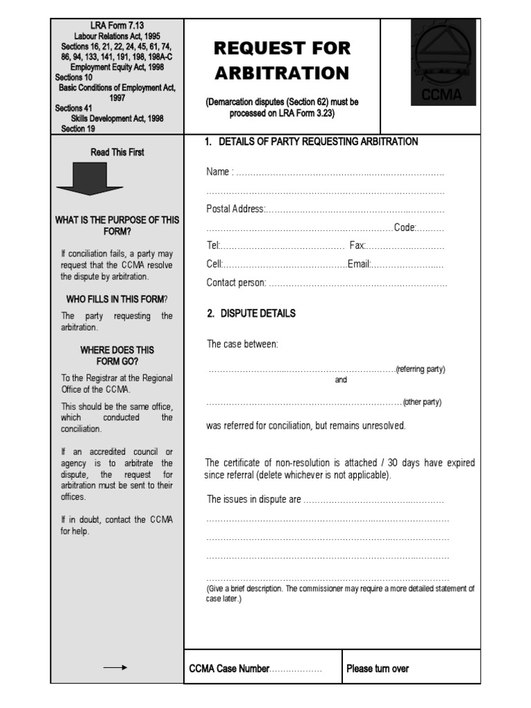 CCMA LRA Form 7.13: Arbitration Request | PDF | Government