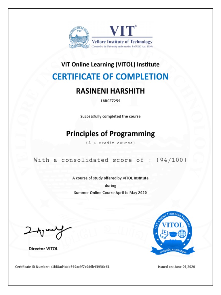 VIT TEMP009 Certificate - Vellore Institute of Technology | PDF