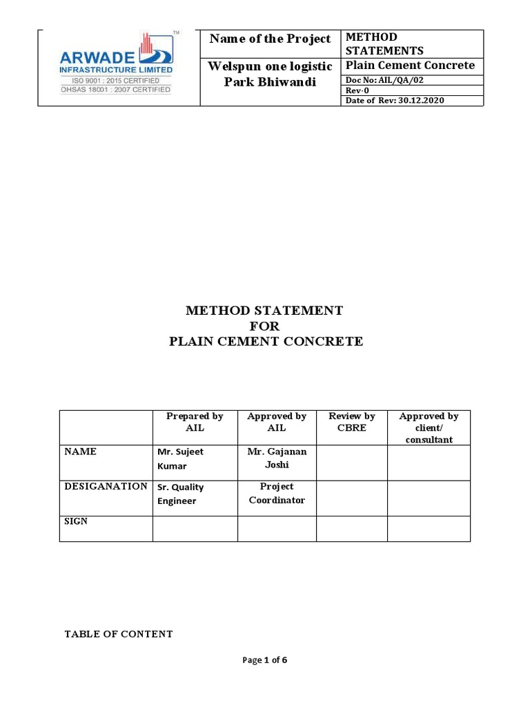 2) Method Statement For Plain Cement Concrete | PDF | Concrete ...