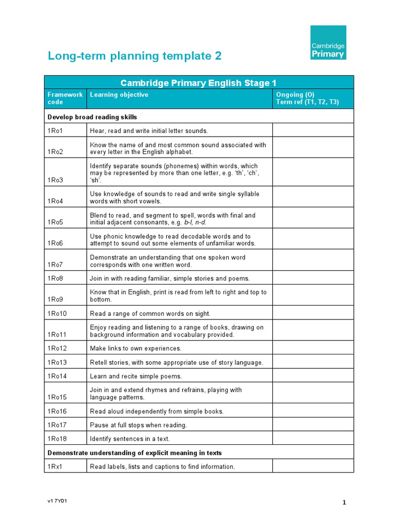 Long-Term Planning Template 2: Cambridge Primary English Stage 1 | PDF ...