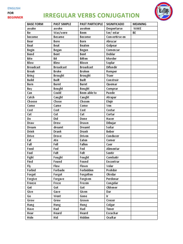 Irregular Verbs Conjugation: Beginner S | PDF