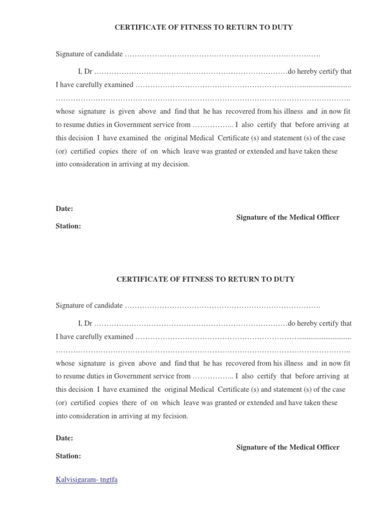 Certificate of Fitness To Return To Duty: Kalvisigaram-Tngtfa | PDF