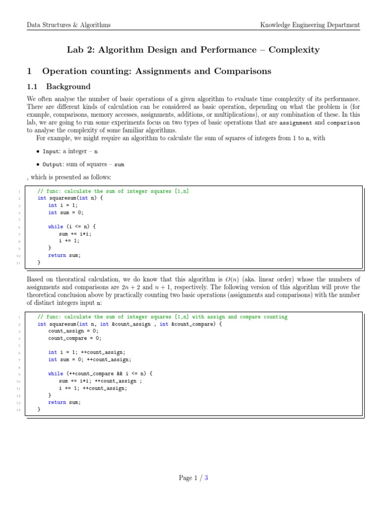 Lab 2: Algorithm Design and Performance - Complexity 1 Operation ...