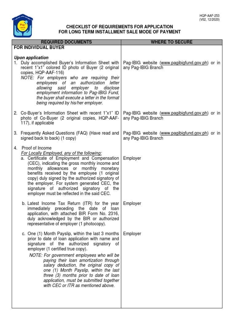 Pag-IBIG Long Term Installment Checklist | PDF | Travel Visa | Identity ...