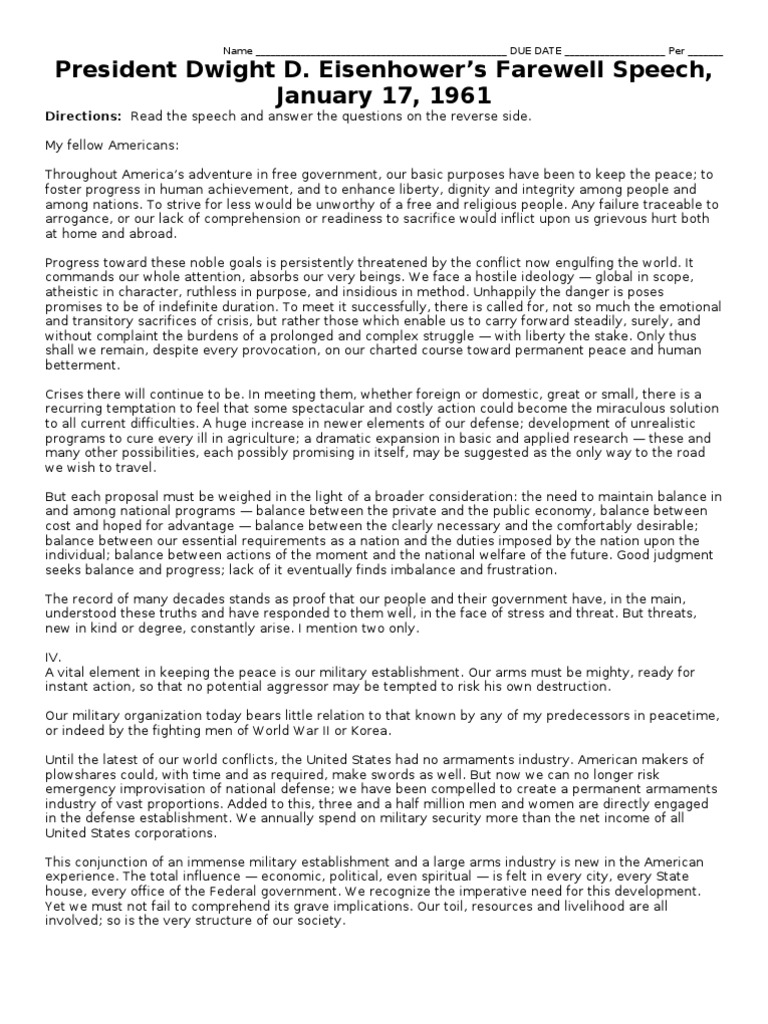Eisenhowers Farewell Address Printable