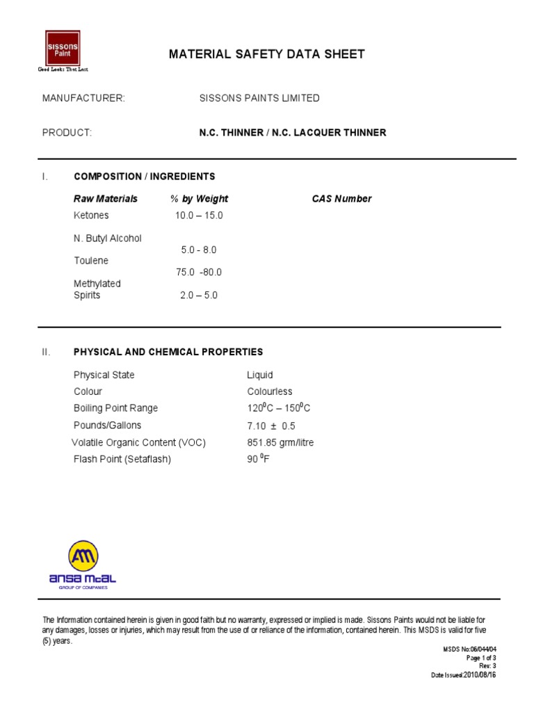 Msds N.C. Thinner PDF Volatile Organic Compound Personal Protective Equipment