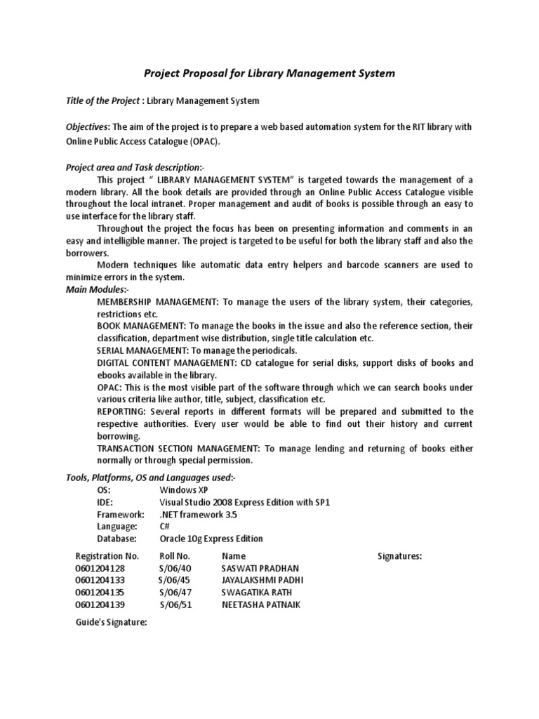 Library Management System Proposal | PDF | Libraries | Microsoft Visual ...