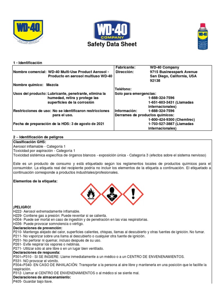 Hoja de Seguridad WD-40 Aerosol | PDF | Agua | Aerosol