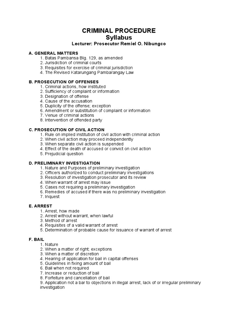 Philippine Criminal Procedure Syllabus | PDF | Arrest | Prosecutor