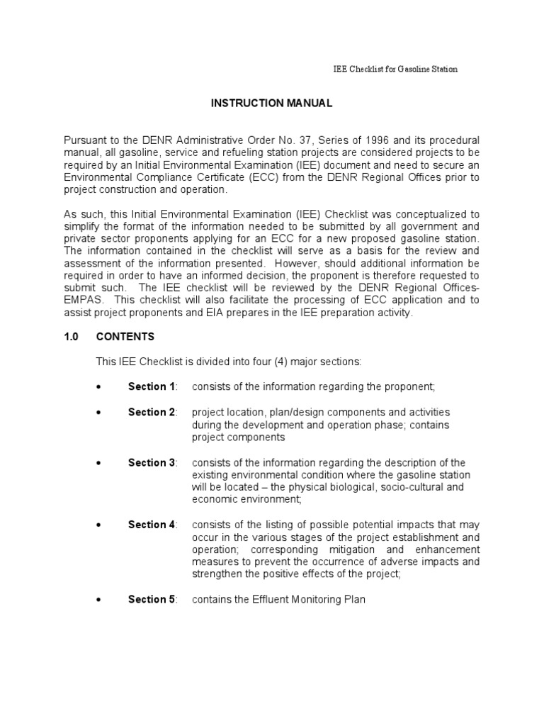 IEE Checklist for Gasoline Stations | PDF | Sewage Treatment | Septic Tank