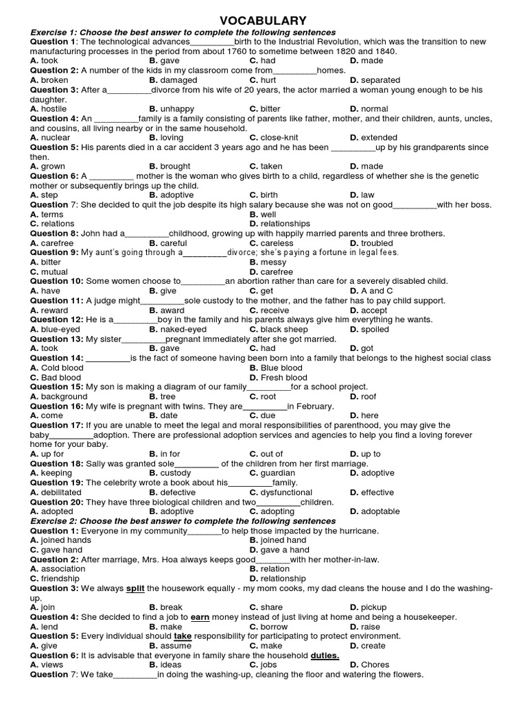 Vocabulary Exercise 1 Choose The Best Answer To Complete The Following Sentences PDF Parent Relationships photo