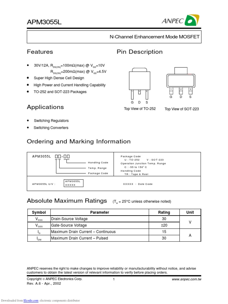 APM3055L: Pin Description Features | PDF | Field Effect Transistor ...