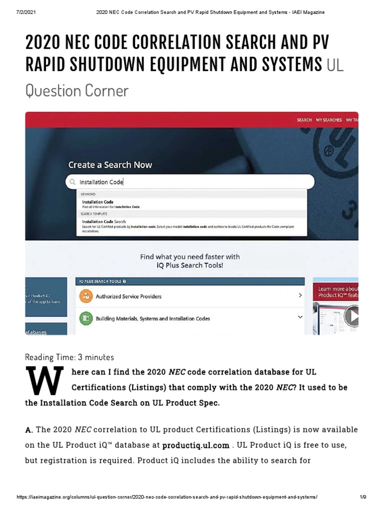 2020 NEC Code Correlation Search and PV Rapid Shutdown Equipment and ...