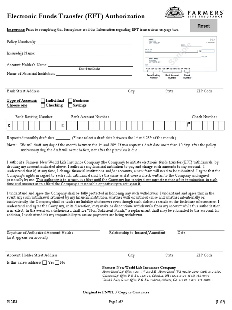 electronic funds transfer authorization form