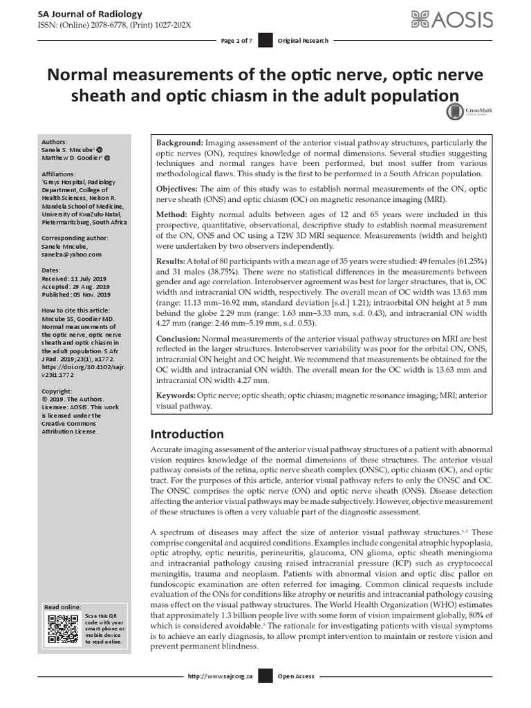 Normal Measurements of The Optic Nerve Opitic Nerve Sheath and Optic Chiams  2019 | PDF | Medical Imaging | Magnetic Resonance Imaging