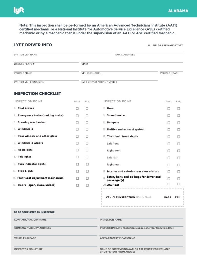 Lyft Vehicle Inspection Form Alabama PDF