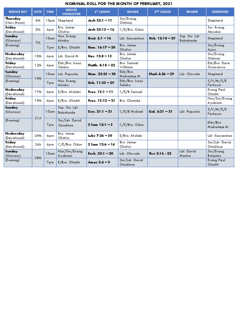 February 2021 Nominal Roll Schedule | PDF