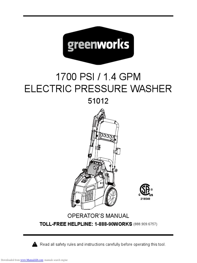 Greenworks Pressure Washer 51012 PDF Ac Power Plugs And Sockets