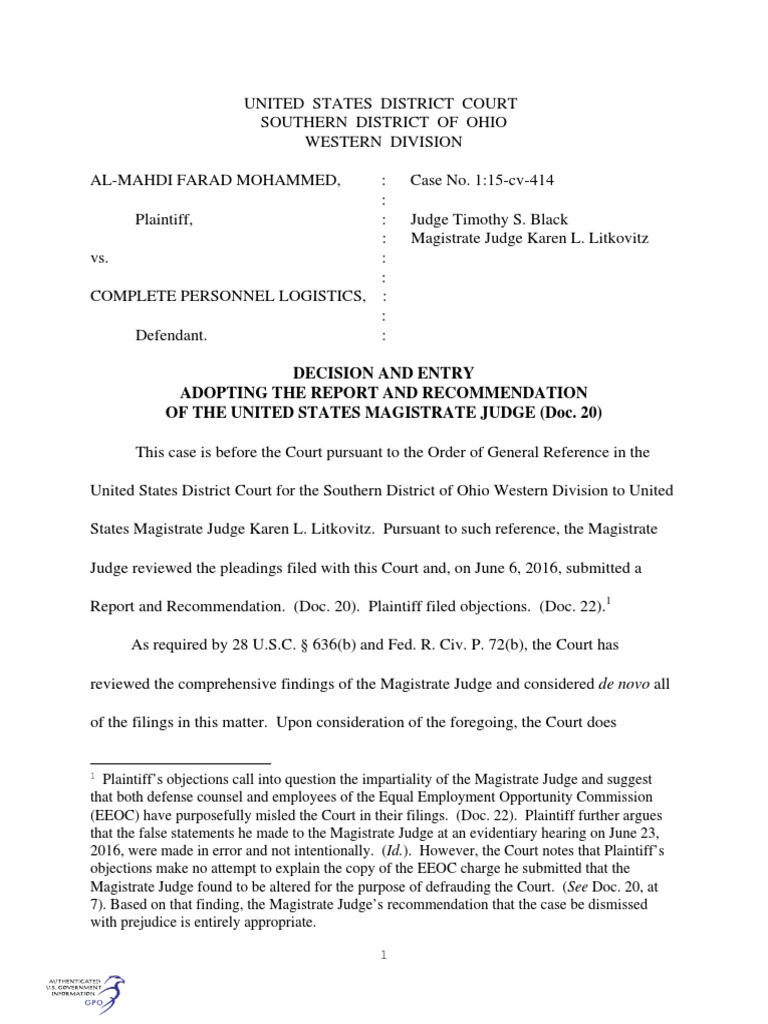 Decision and Entry Adopting The Report and of The United