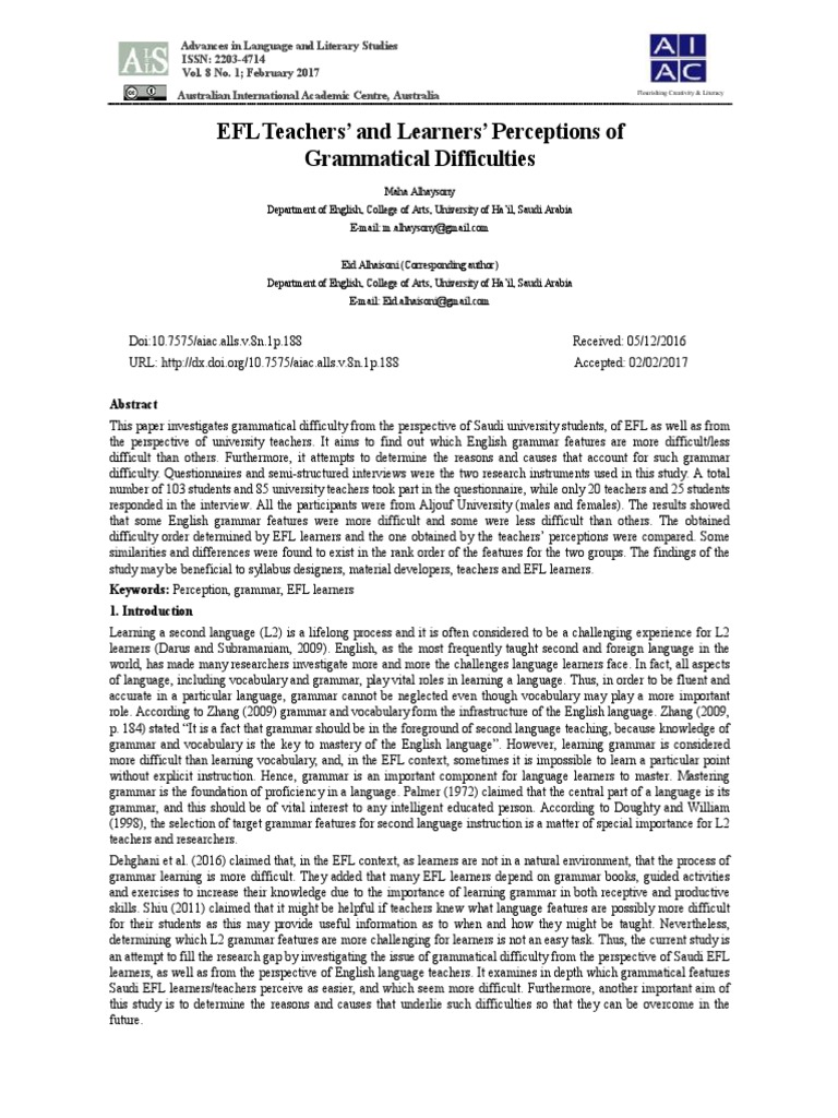 EFL Teachers' and Learners' Perceptions of Grammatical Difficulties ...