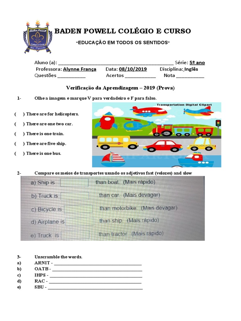 Prova de Inglês - 5º Ano | PDF | Negócios | Ciências e Matemática