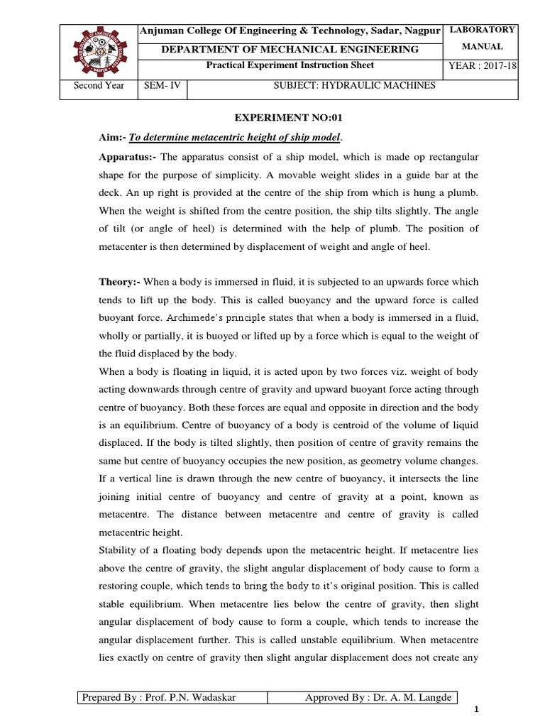 Metacentric Height & Bernoulli's Theorem | PDF | Buoyancy | Turbine