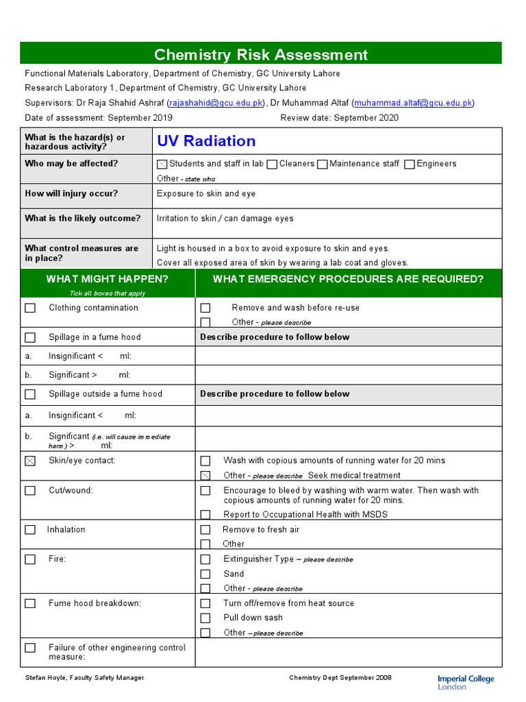 Chemistry Risk Assessment UV Radiation | PDF | Laboratories | Risk ...
