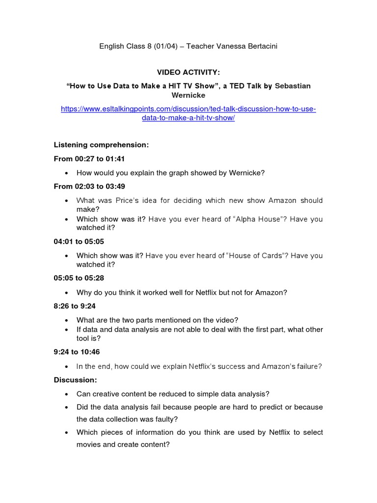 Video activity how to use data to make a hit tv show a ted talk by
