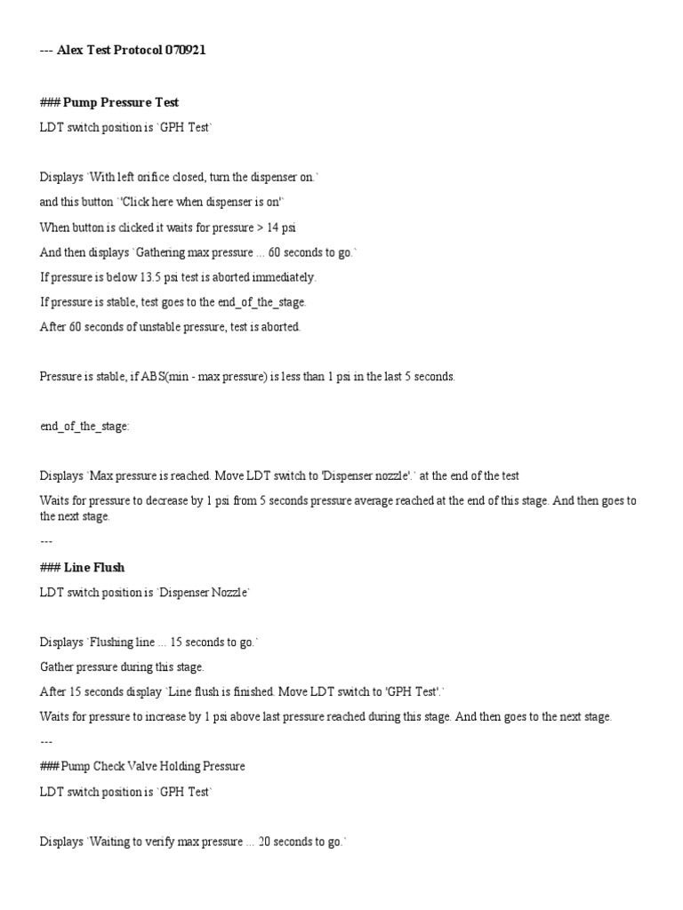 Alex Test Protocol 070921 | PDF | Flow Measurement | Pump
